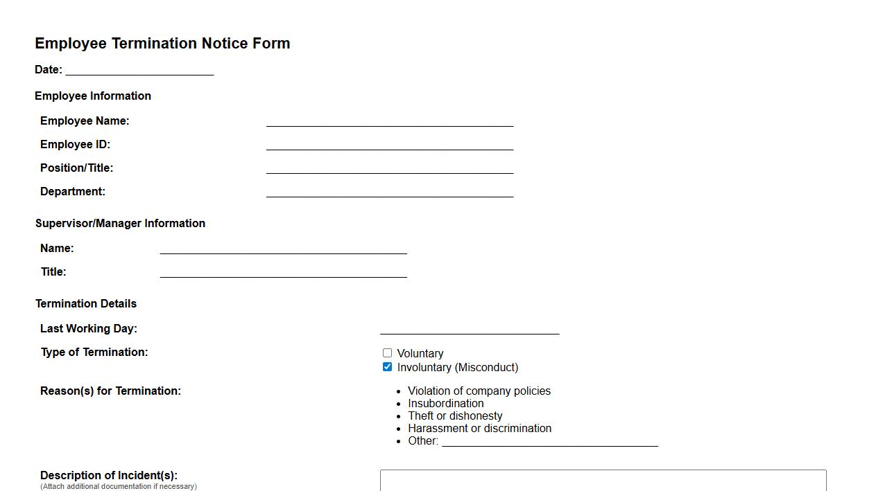 employee termination notice form sample for misconduct image preview