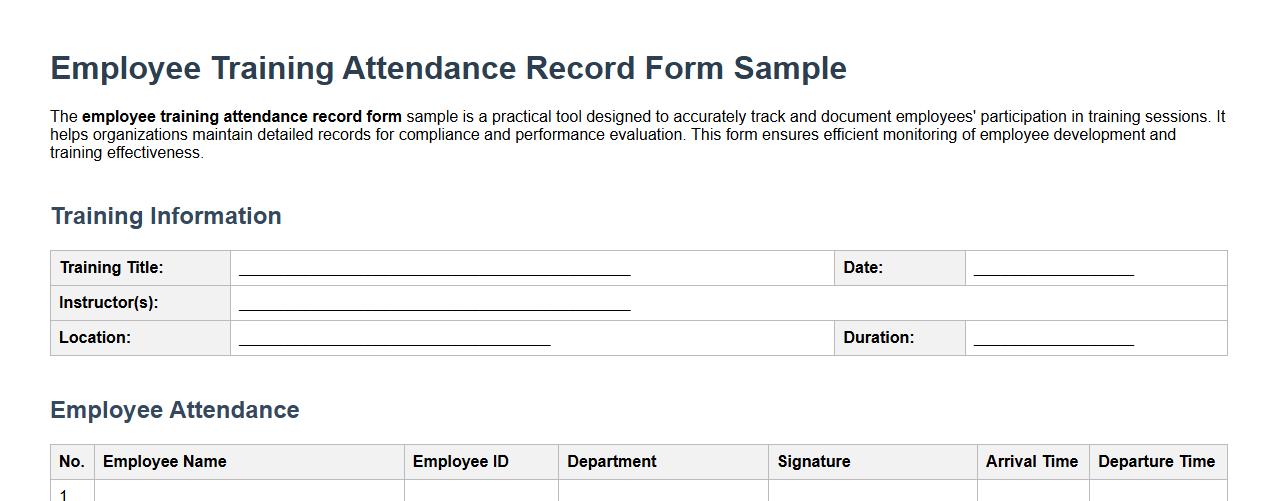 Employee training attendance record form sample image preview
