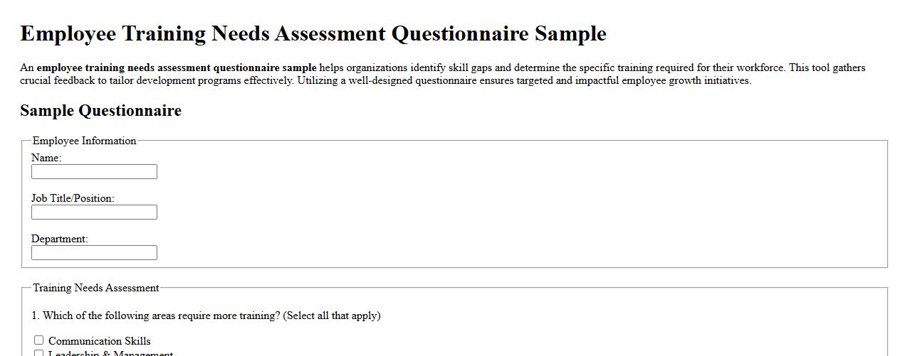 employee training needs assessment questionnaire sample image preview