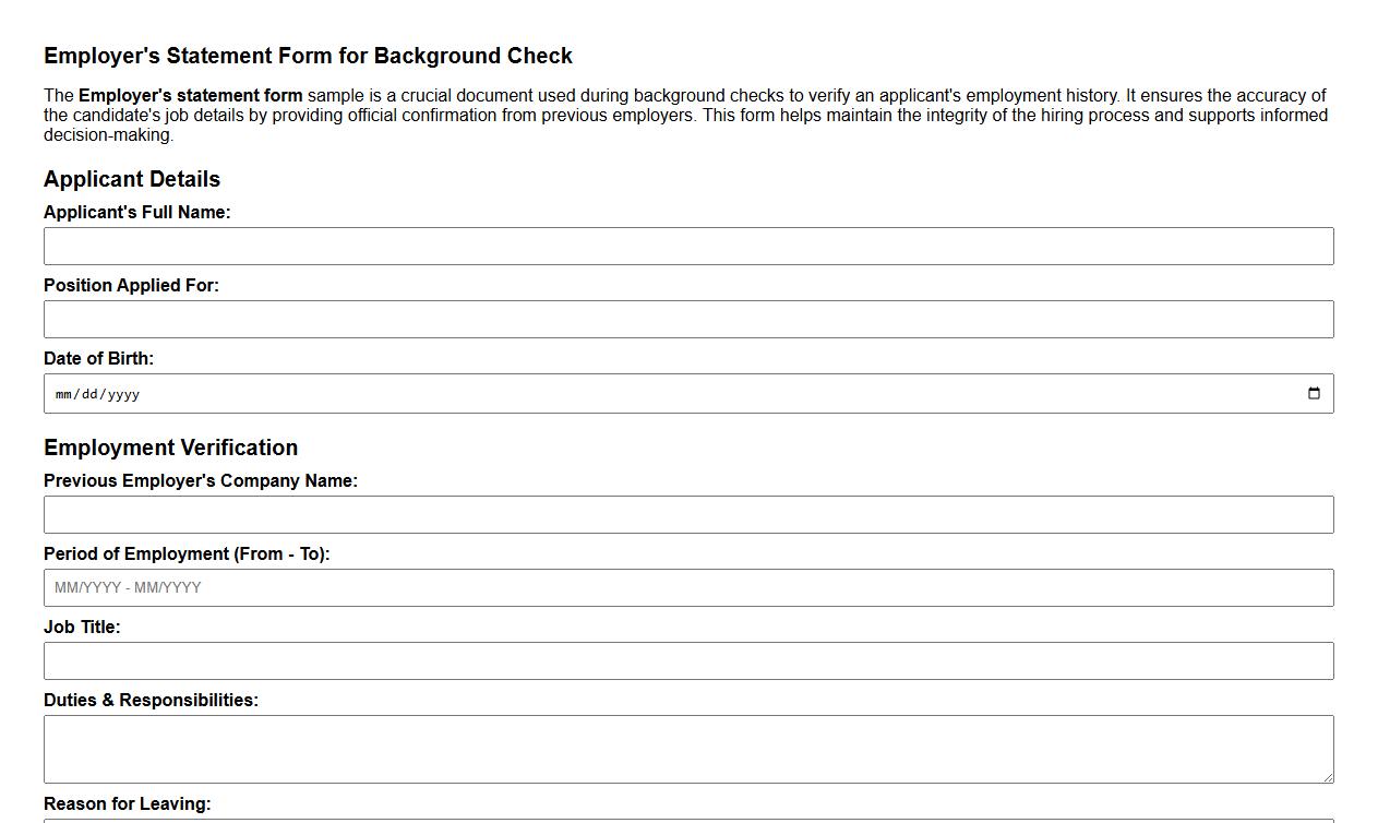 Employer’s statement form sample for background check image preview