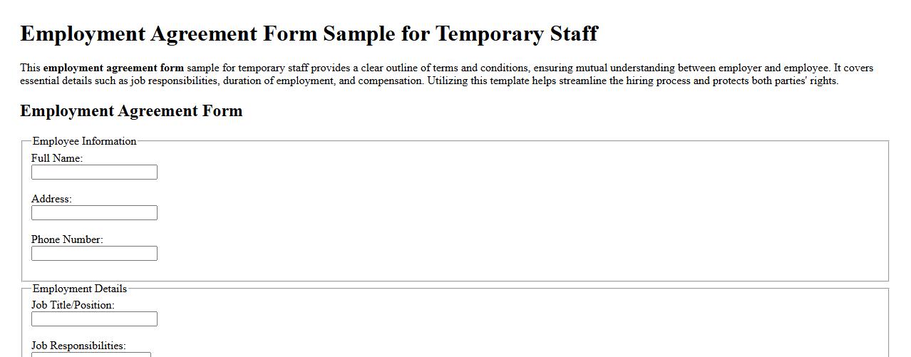 Employment agreement form sample for temporary staff image preview
