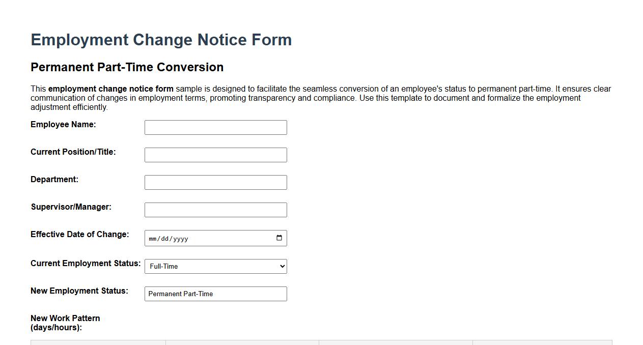 Employment change notice form sample for permanent part-time conversion image preview