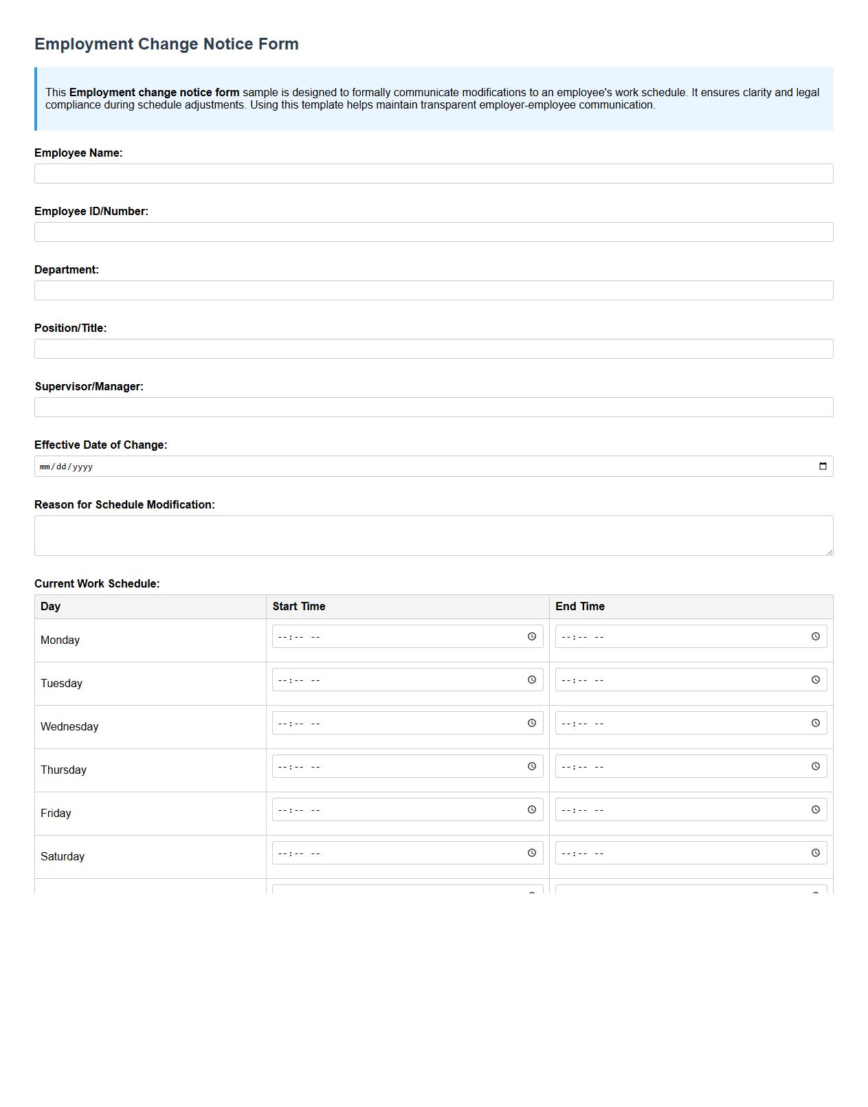 Employment change notice form sample for work schedule modification image preview