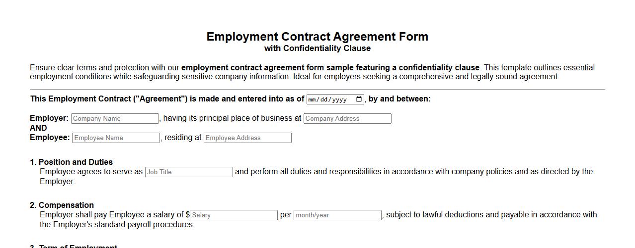 Employment contract agreement form sample with confidentiality clause image preview