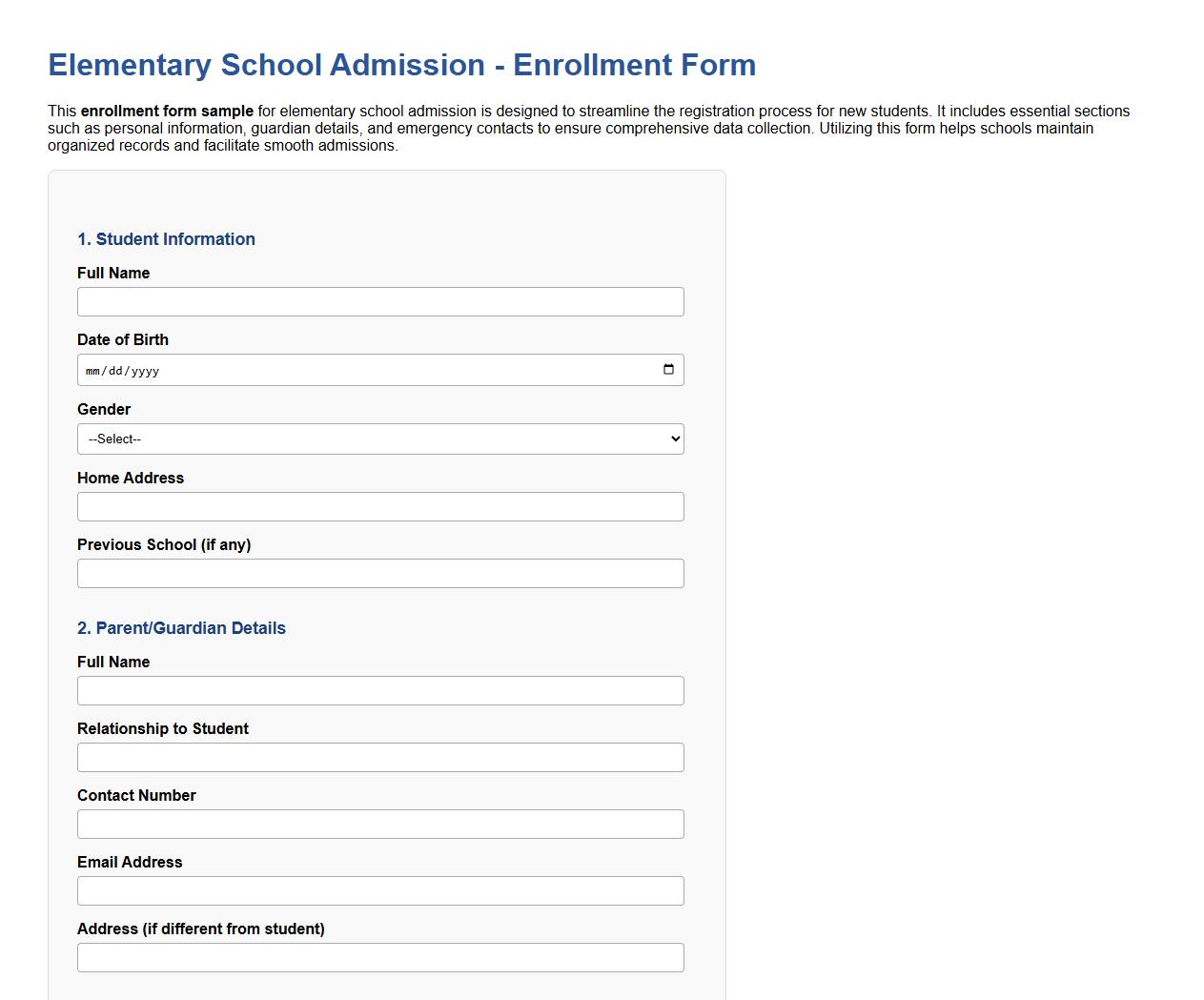 Enrollment form sample for elementary school admission image preview