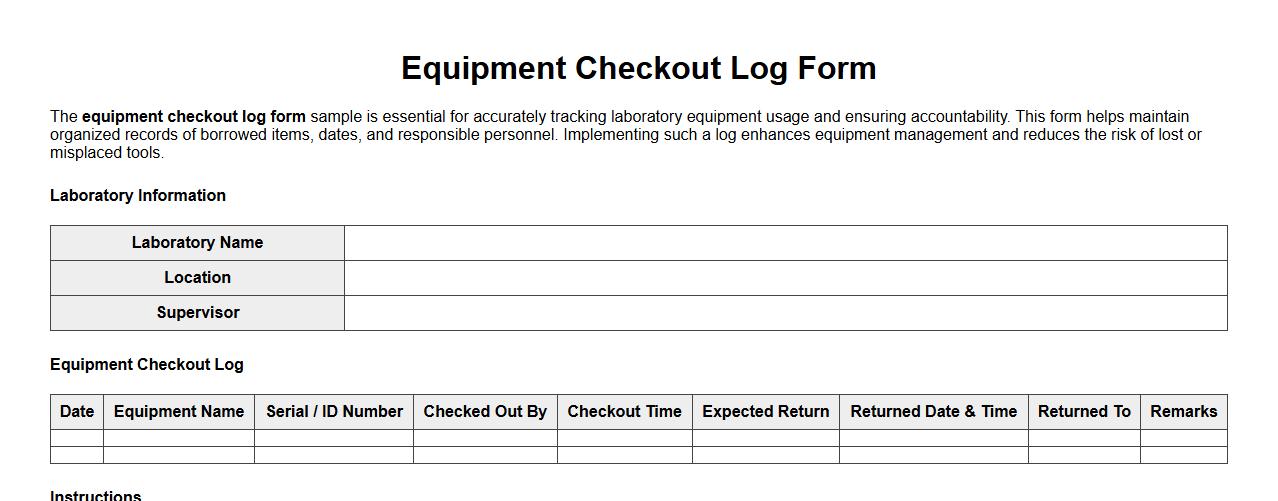 Equipment checkout log form sample for laboratory equipment tracking image preview