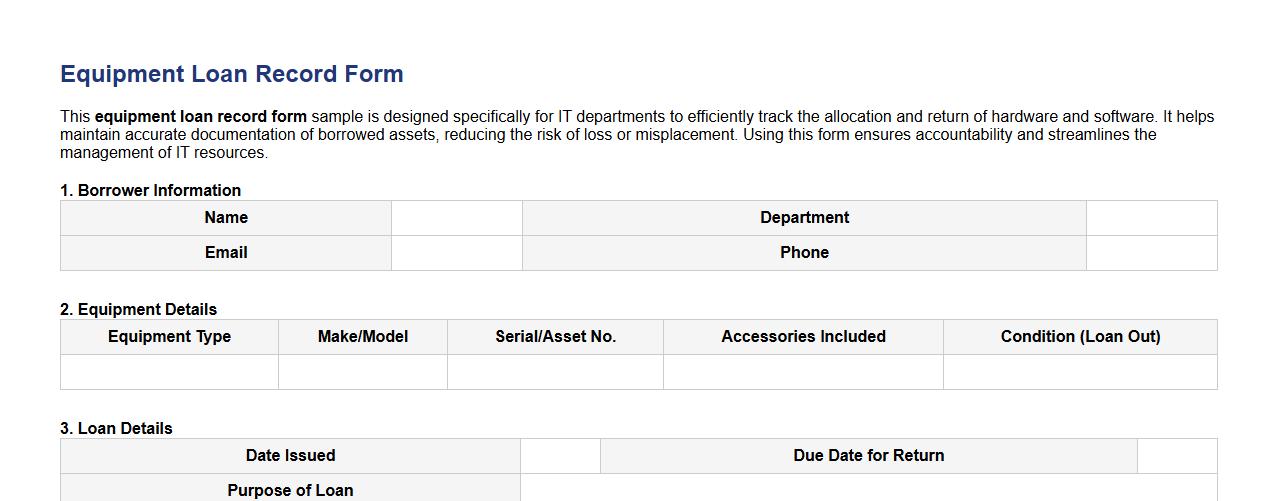 equipment loan record form sample for IT departments image preview