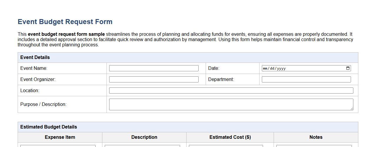 event budget request form sample with approval section image preview