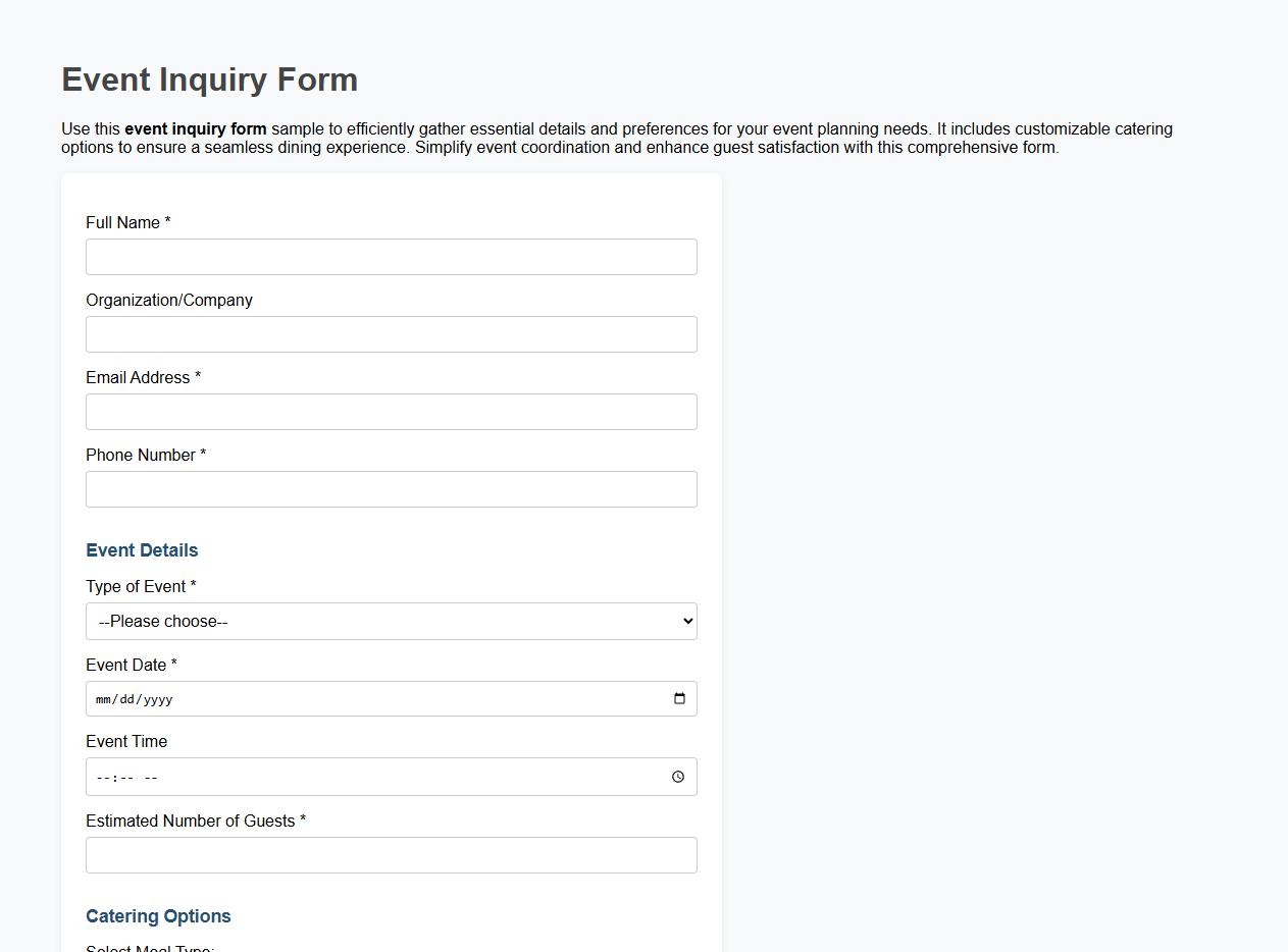 Event inquiry form sample including catering options image preview