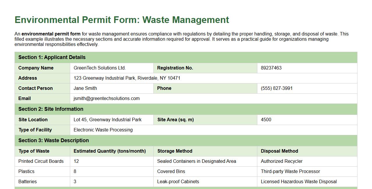Example of filled environmental permit form for waste management image preview