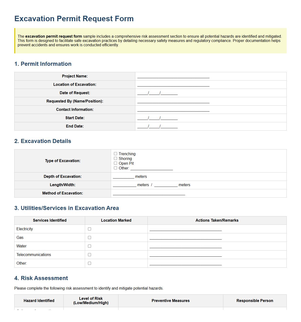 Excavation permit request form sample with risk assessment section image preview