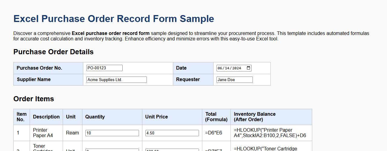 Excel purchase order record form sample with formulas image preview