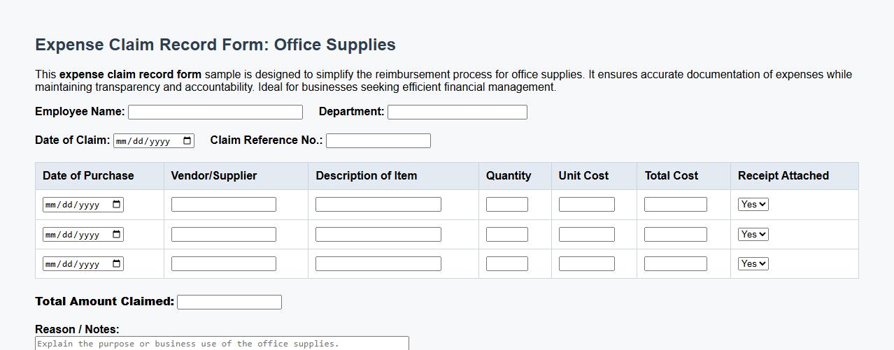 expense claim record form sample for office supplies image preview
