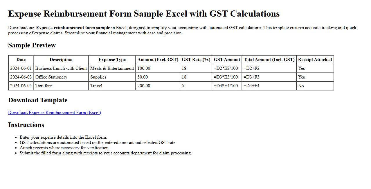 Expense reimbursement form sample Excel with GST calculations image preview