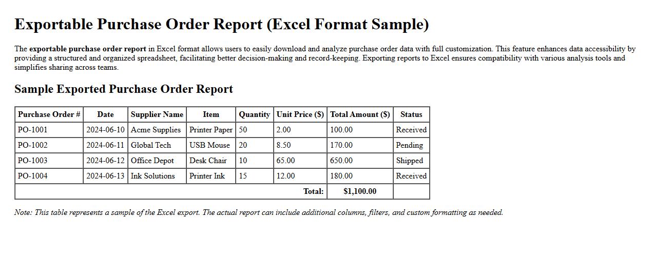 exportable purchase order report in excel format image preview