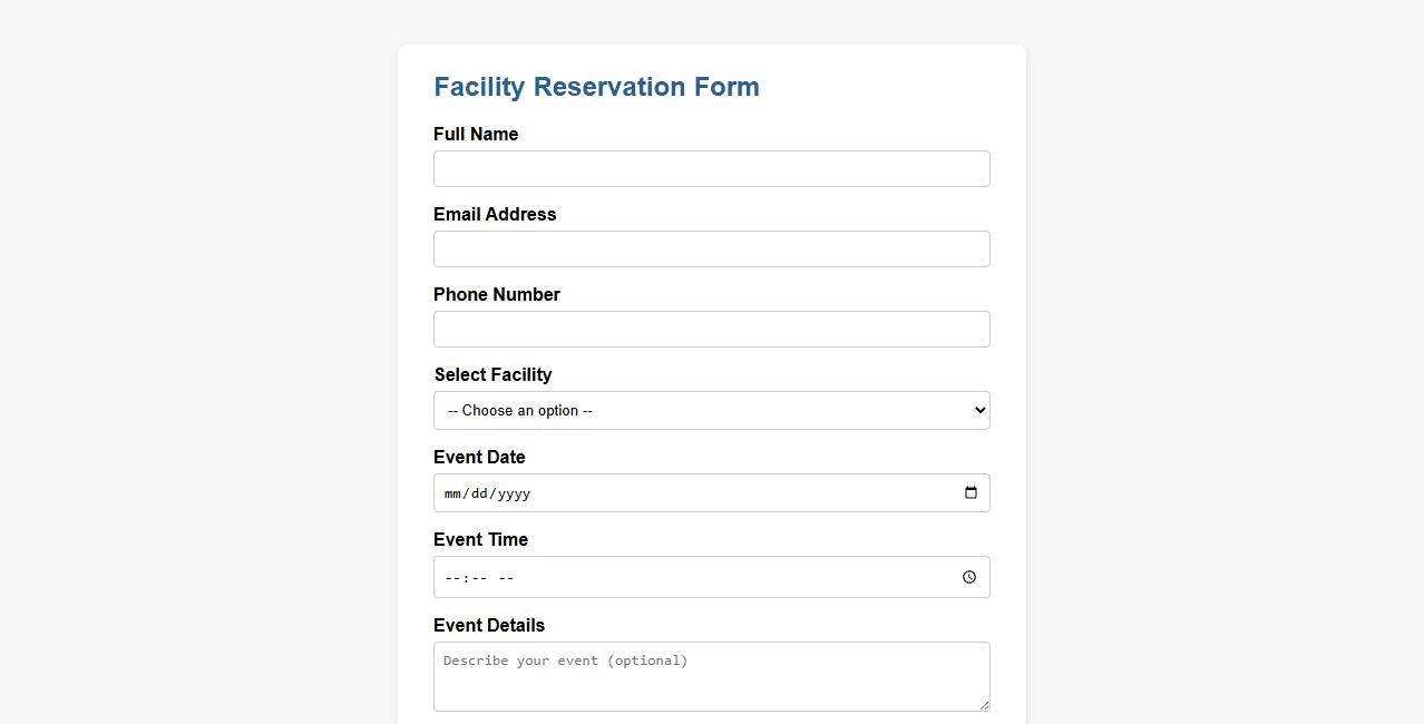 Facility reservation form sample with payment section image preview