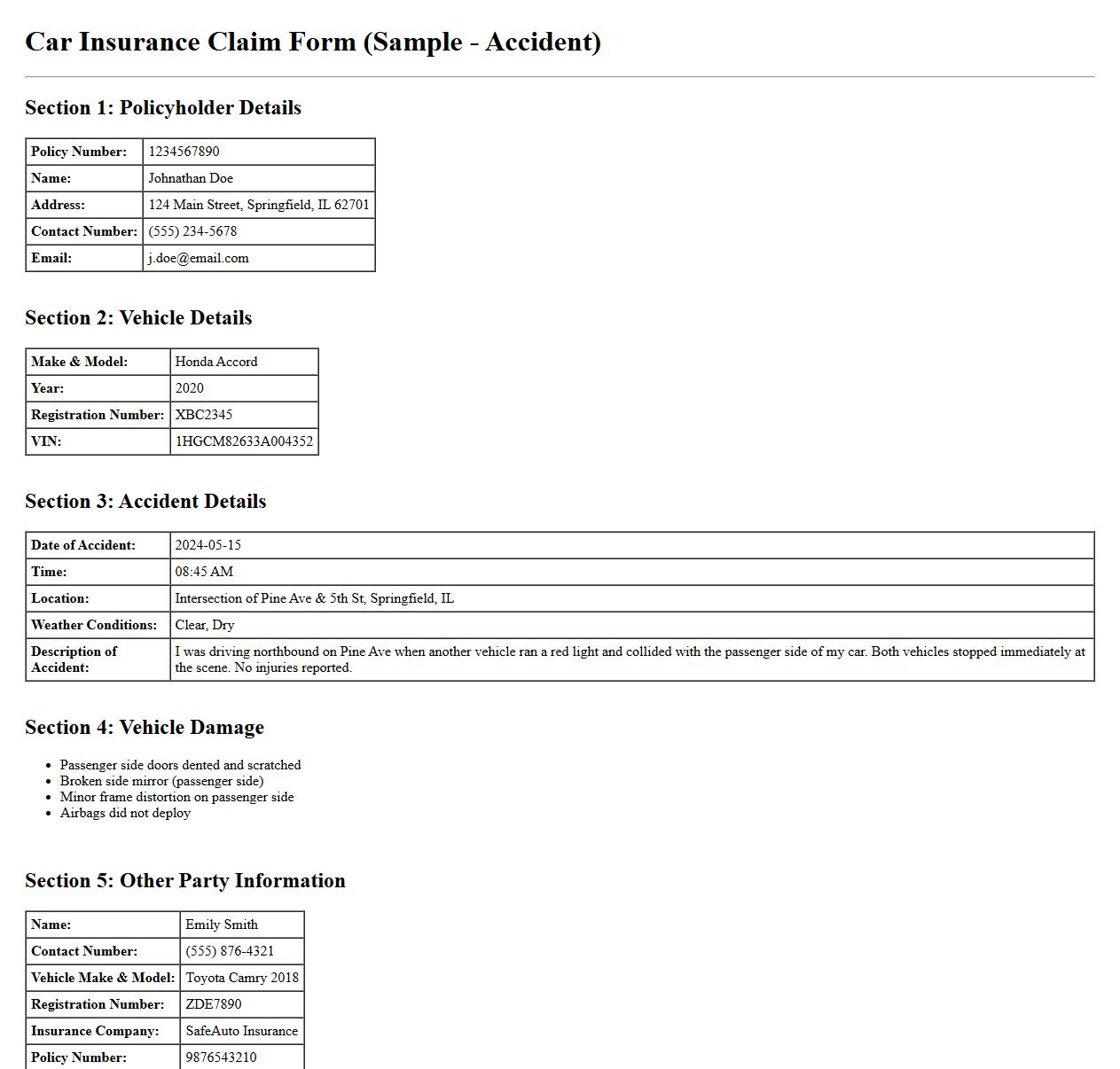 filled car insurance claim form sample for accident image preview