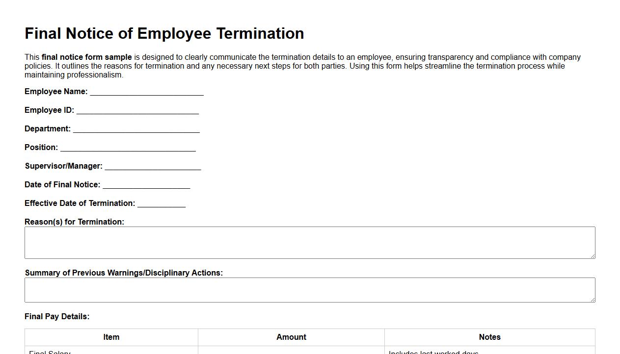 final notice form sample for employee termination image preview