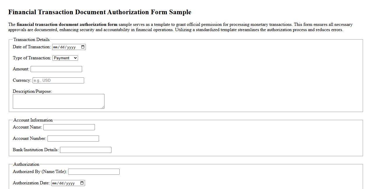 Financial transaction document authorization form sample image preview