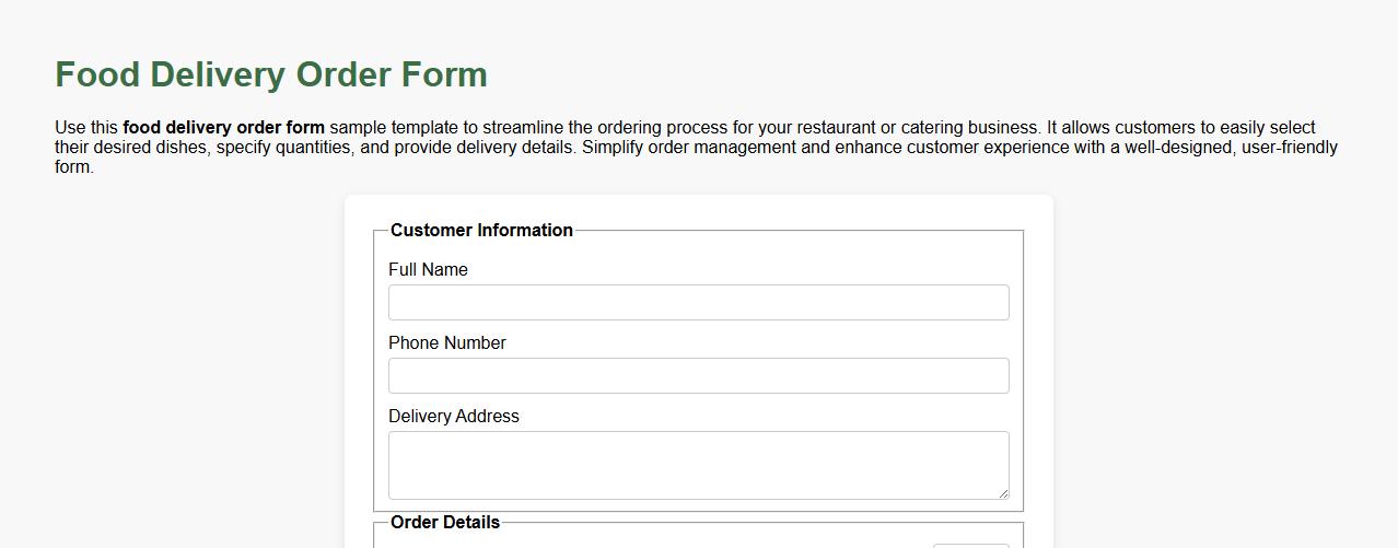 food delivery order form sample template image preview