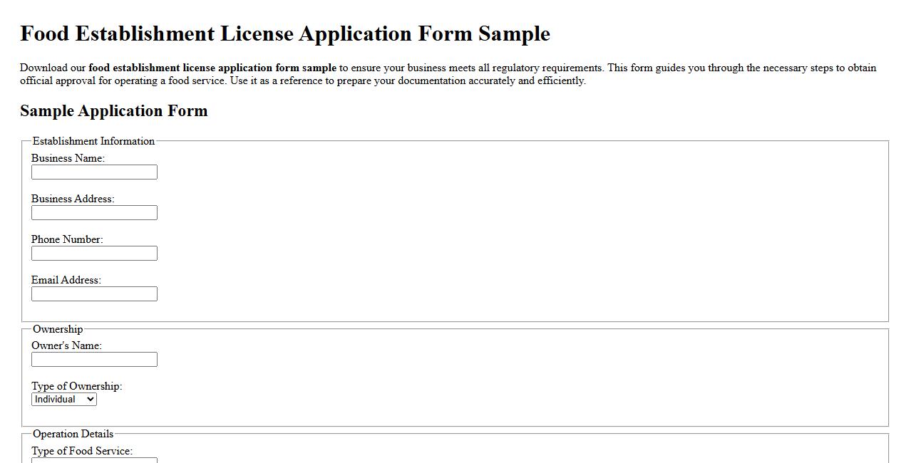 Food establishment license application form sample image preview