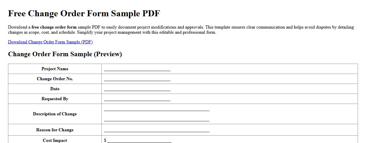 free change order form sample pdf image preview