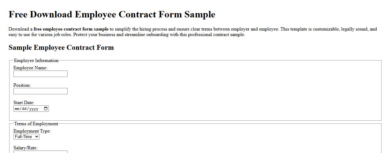 Free download employee contract form sample image preview