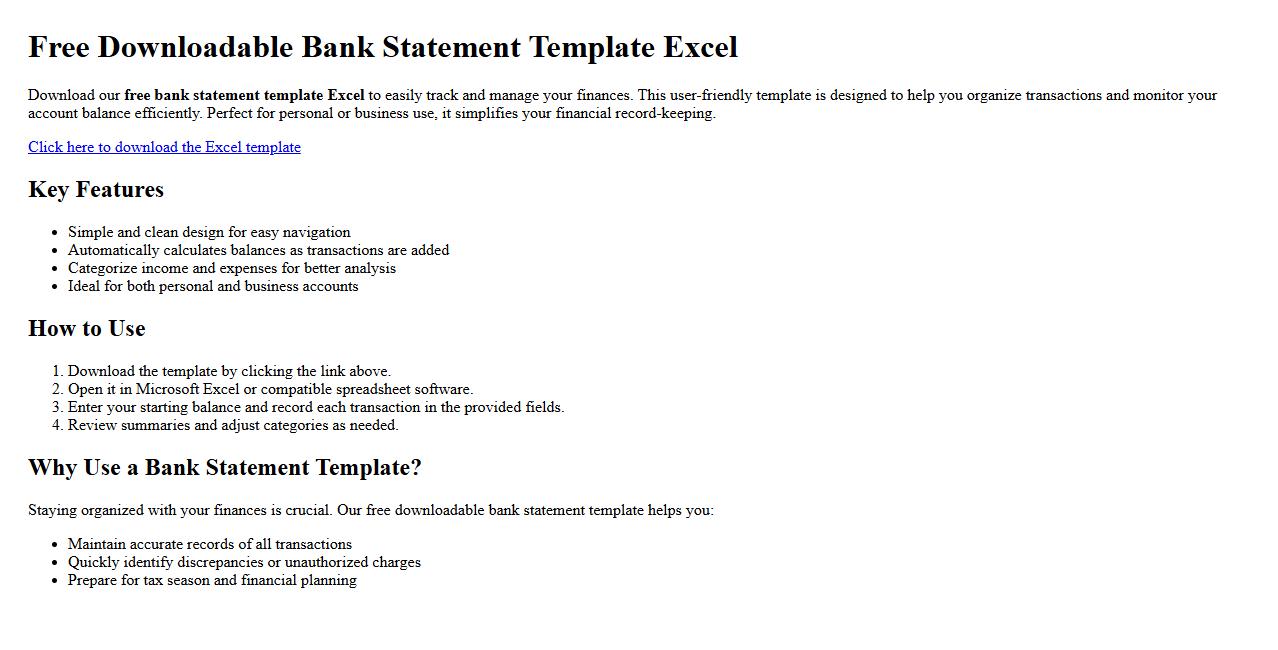 Free downloadable bank statement template Excel image preview