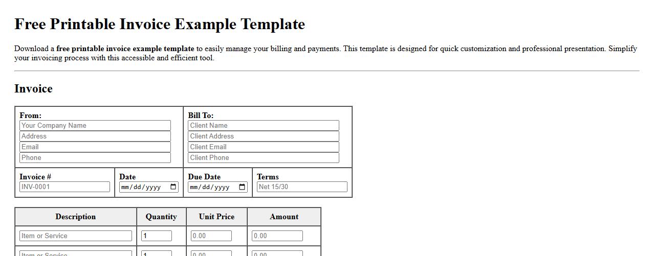 Free printable invoice example template image preview