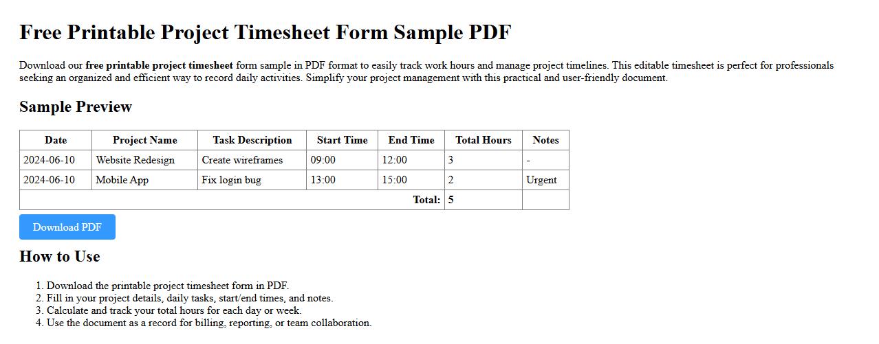 free printable project timesheet form sample PDF image preview