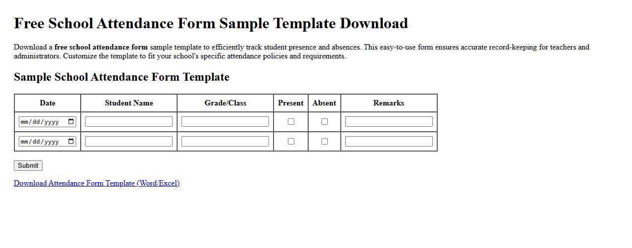 Free school attendance form sample template download image preview