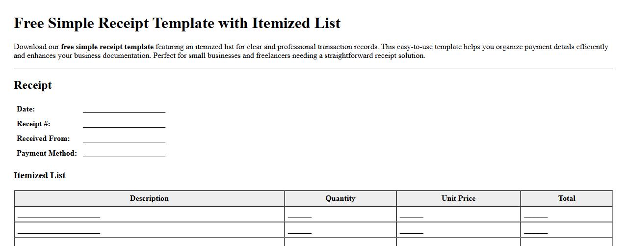 Free simple receipt template with itemized list image preview
