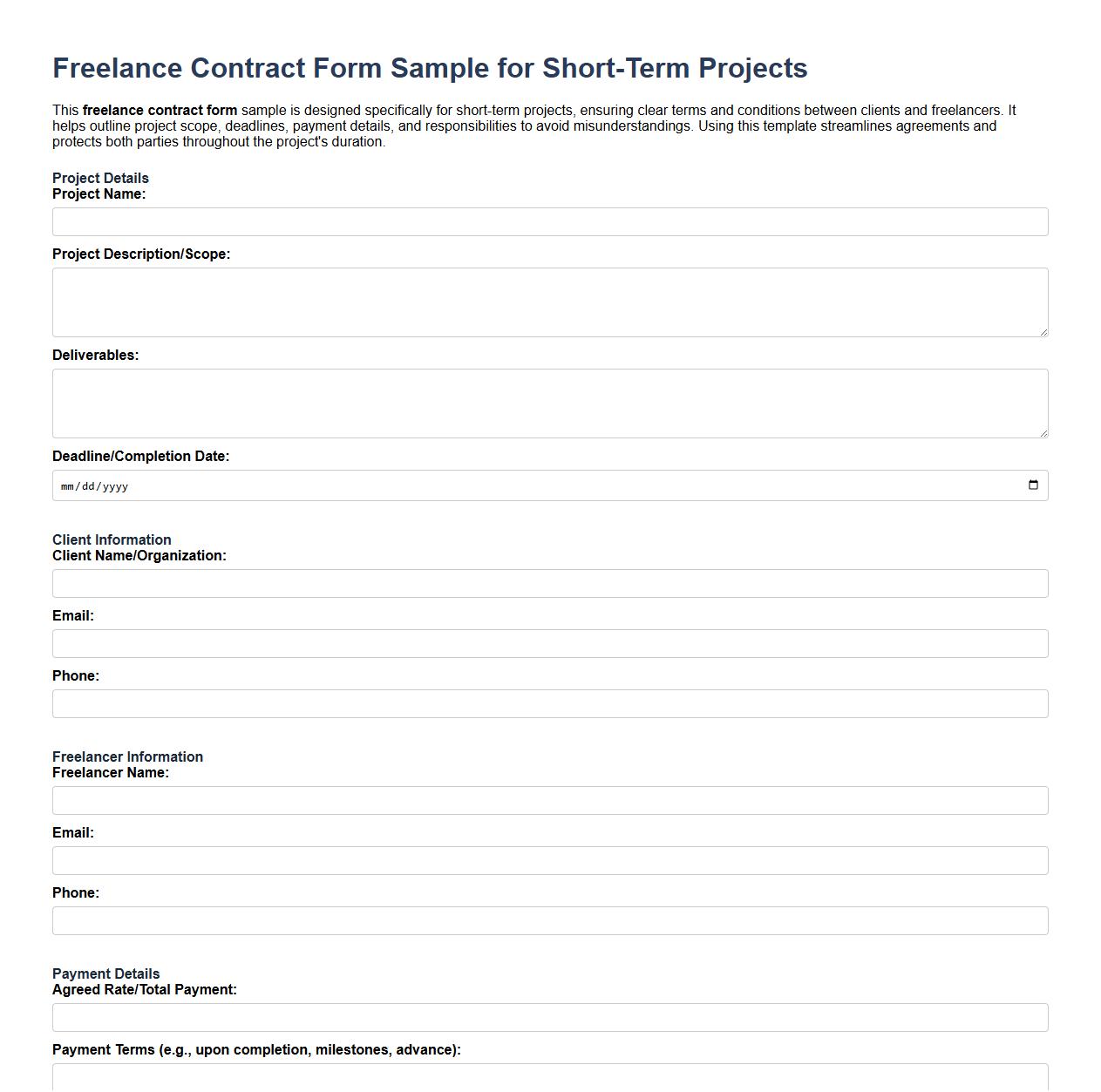 Freelance contract form sample for short-term projects image preview