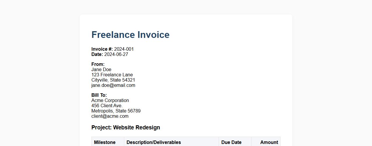 Freelance invoice example for project milestone payments image preview