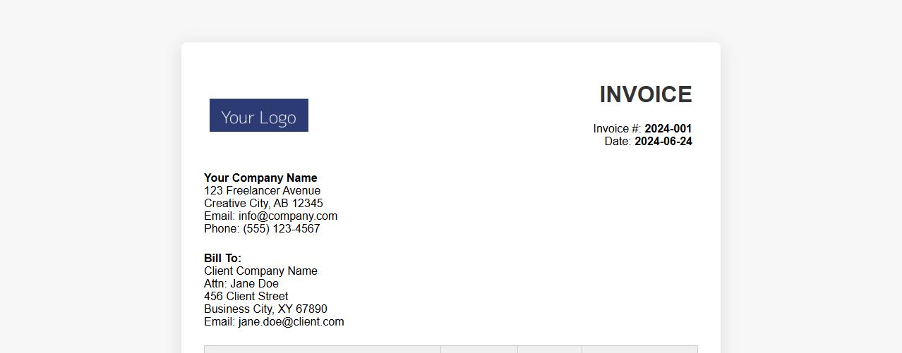 Freelance invoice form sample with company logo image preview