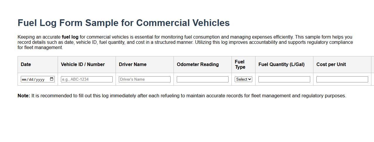 Fuel log form sample for commercial vehicles image preview