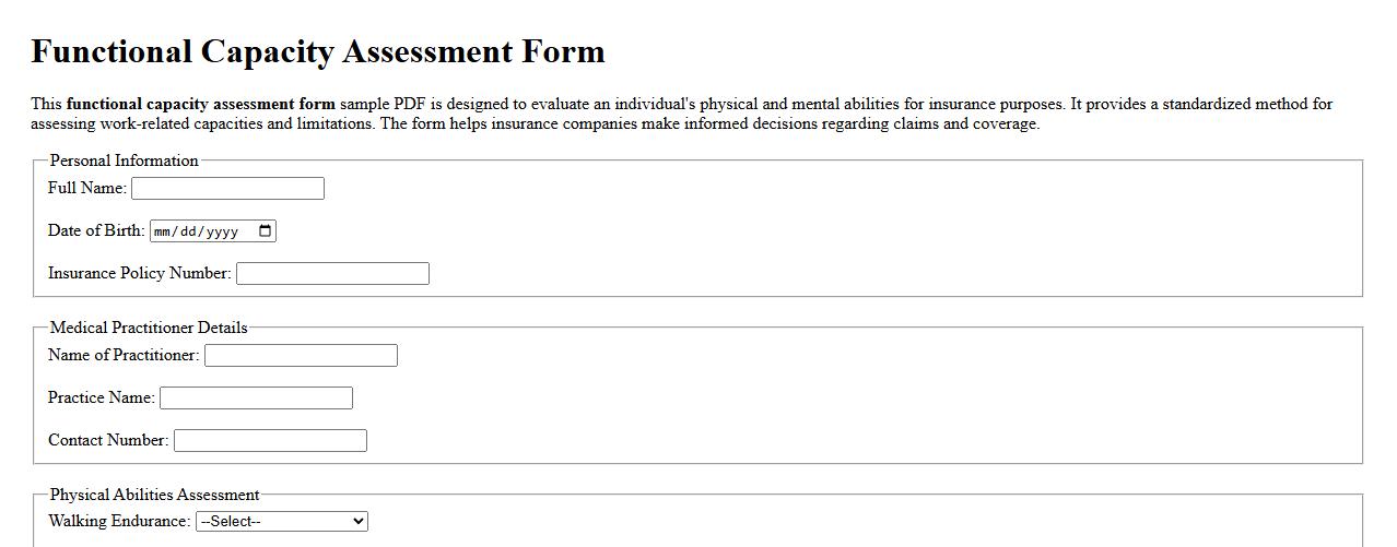 Functional capacity assessment form sample PDF for insurance purposes image preview