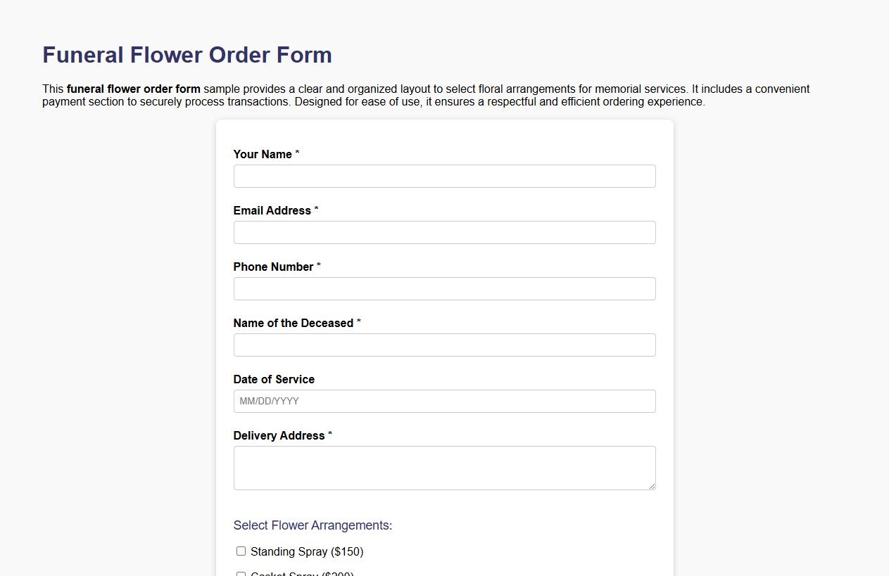 funeral flower order form sample with payment section image preview
