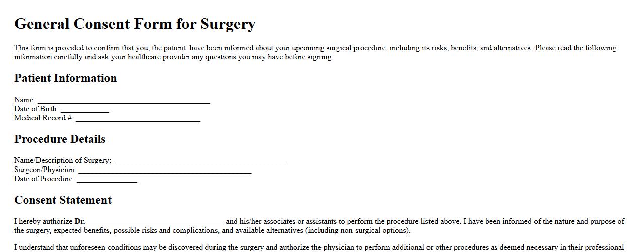 general consent form sample for surgery image preview