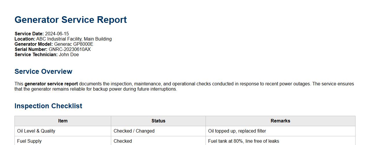 Generator service report sample for power outage image preview