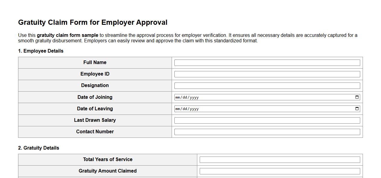 Gratuity claim form sample for employer approval image preview