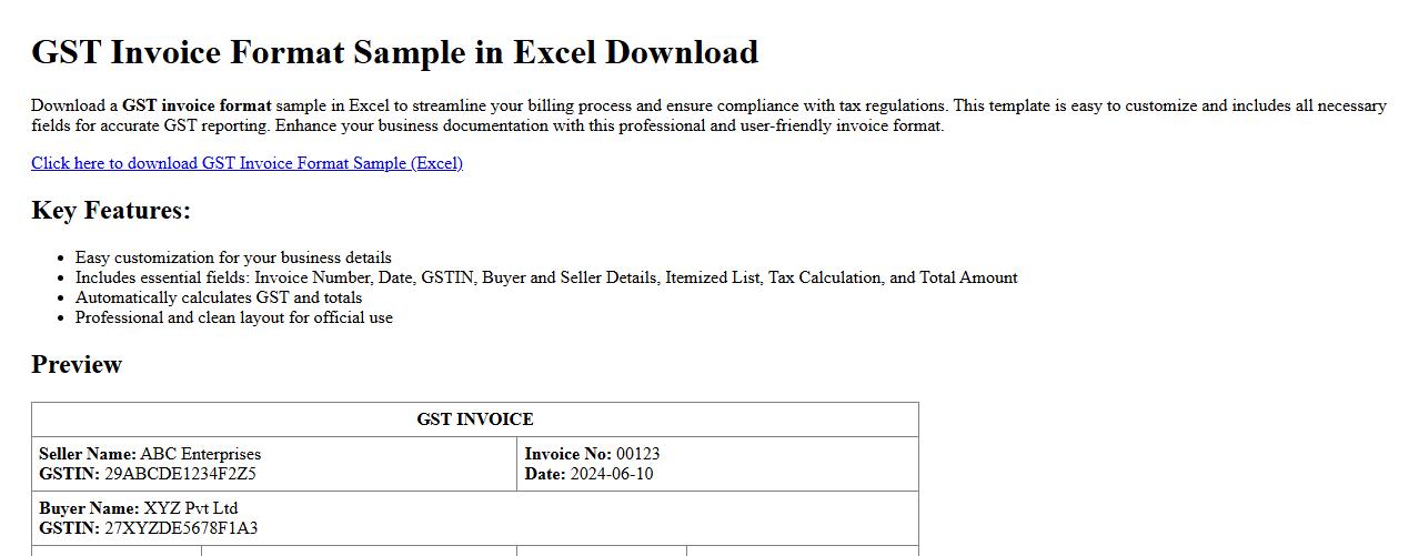 GST invoice format sample in Excel download image preview