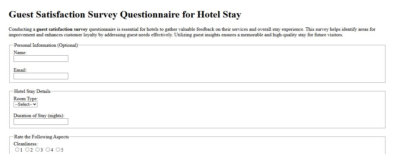 Guest satisfaction survey questionnaire for hotel stay image preview