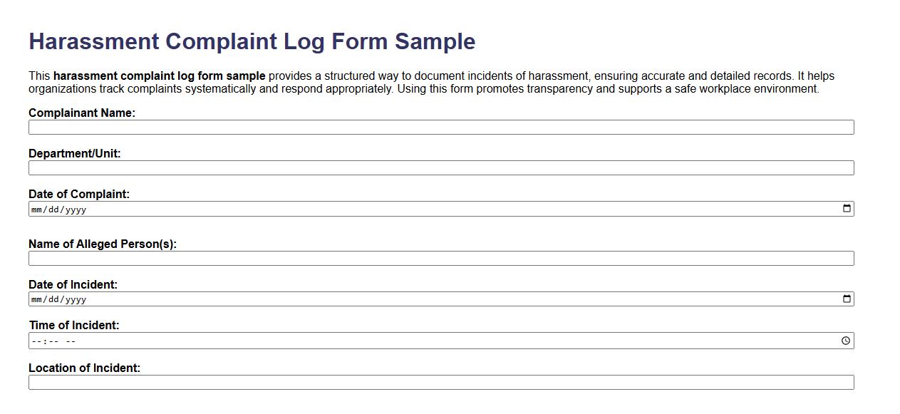 harassment complaint log form sample image preview