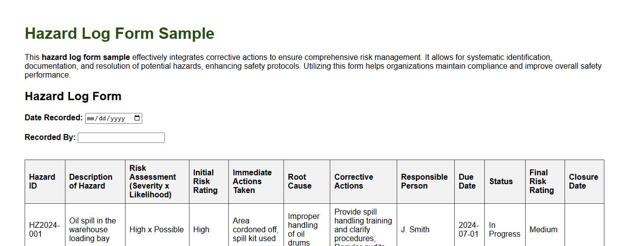 Hazard log form sample incorporating corrective actions image preview
