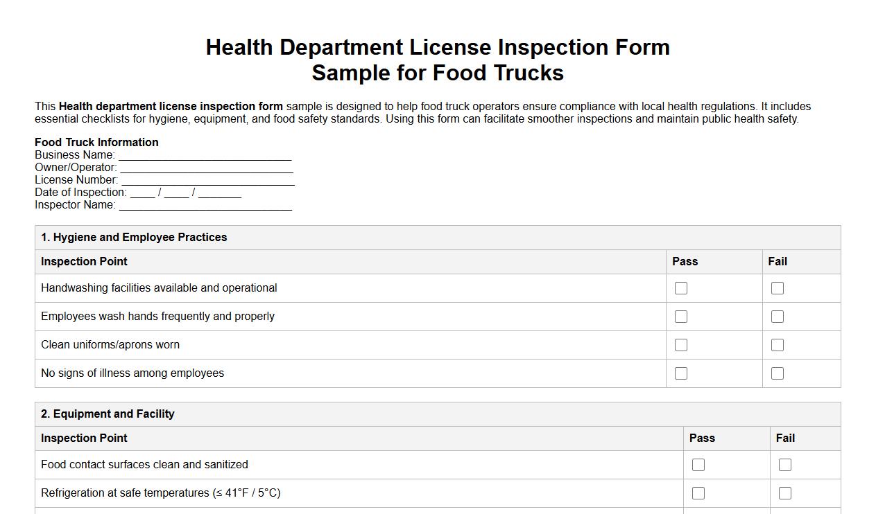 Health department license inspection form sample for food trucks image preview