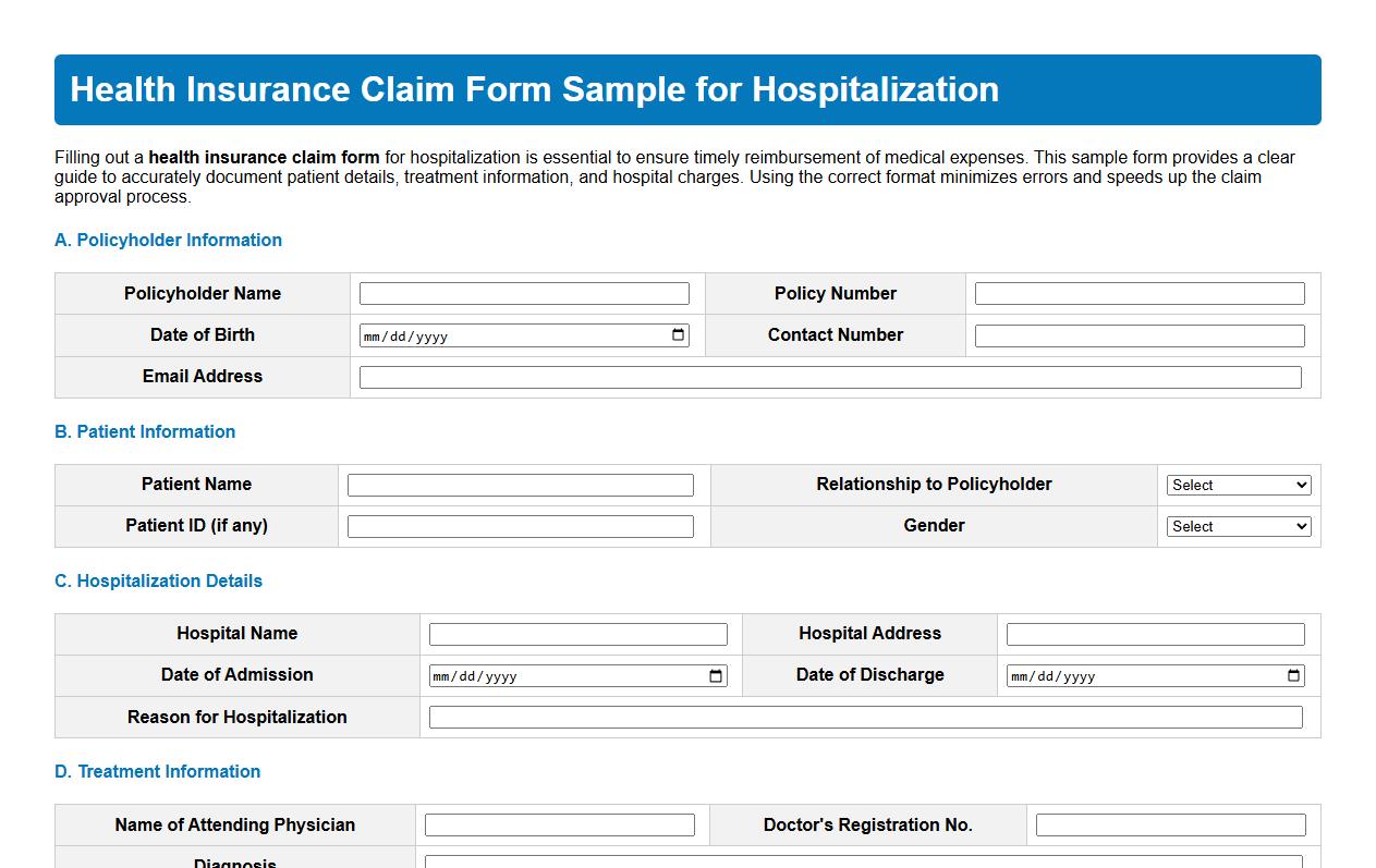 Health insurance claim form sample for hospitalization image preview