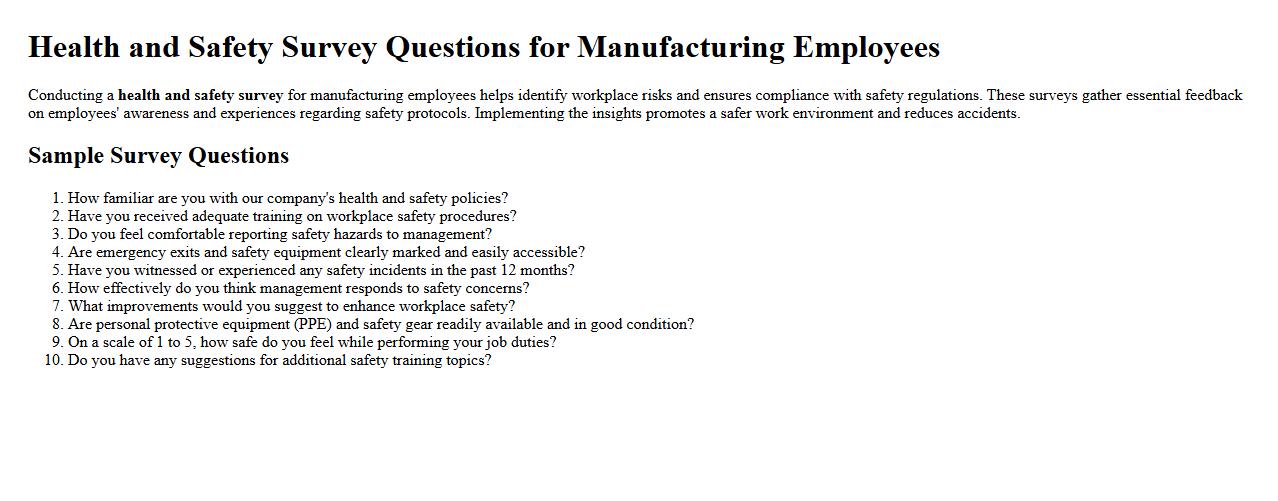 Health and safety survey questions for manufacturing employees image preview