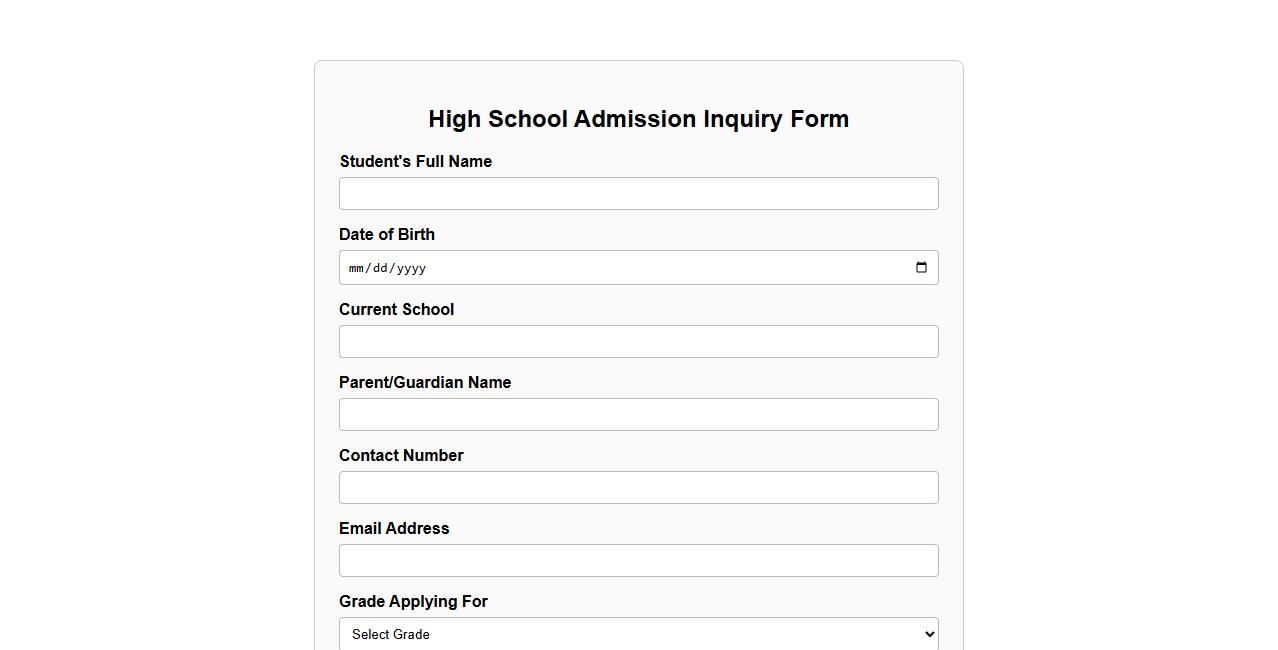 high school admission inquiry form sample doc image preview