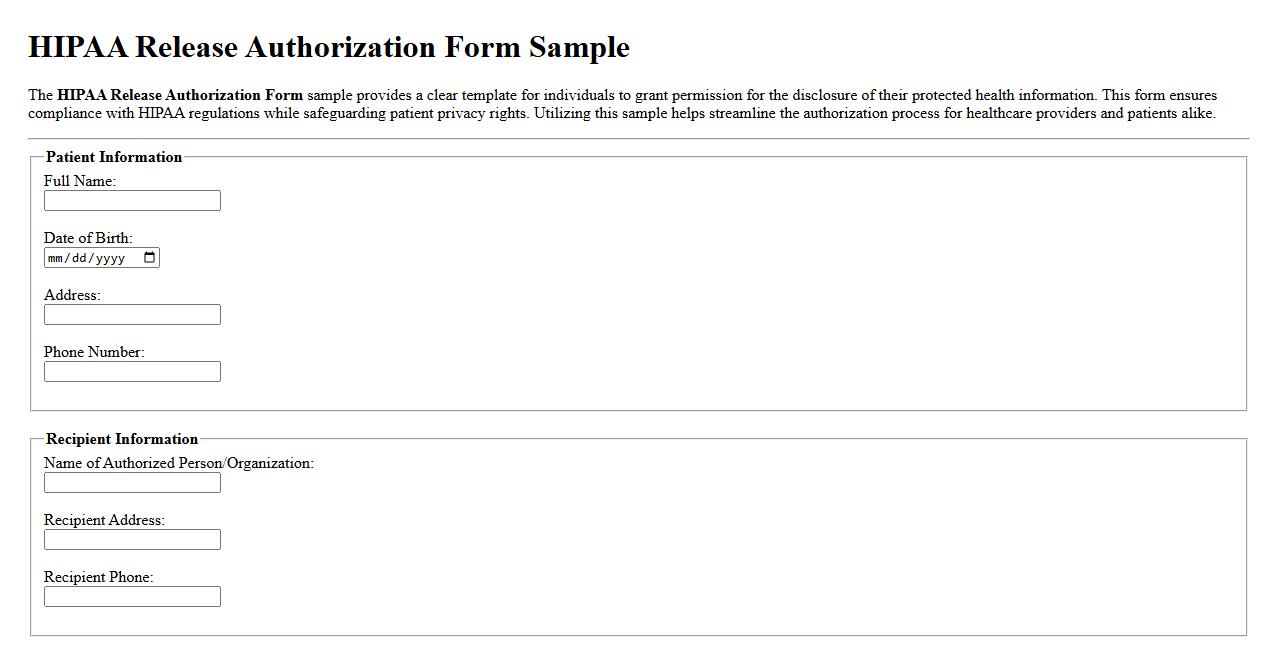 HIPAA Release Authorization Form Sample image preview